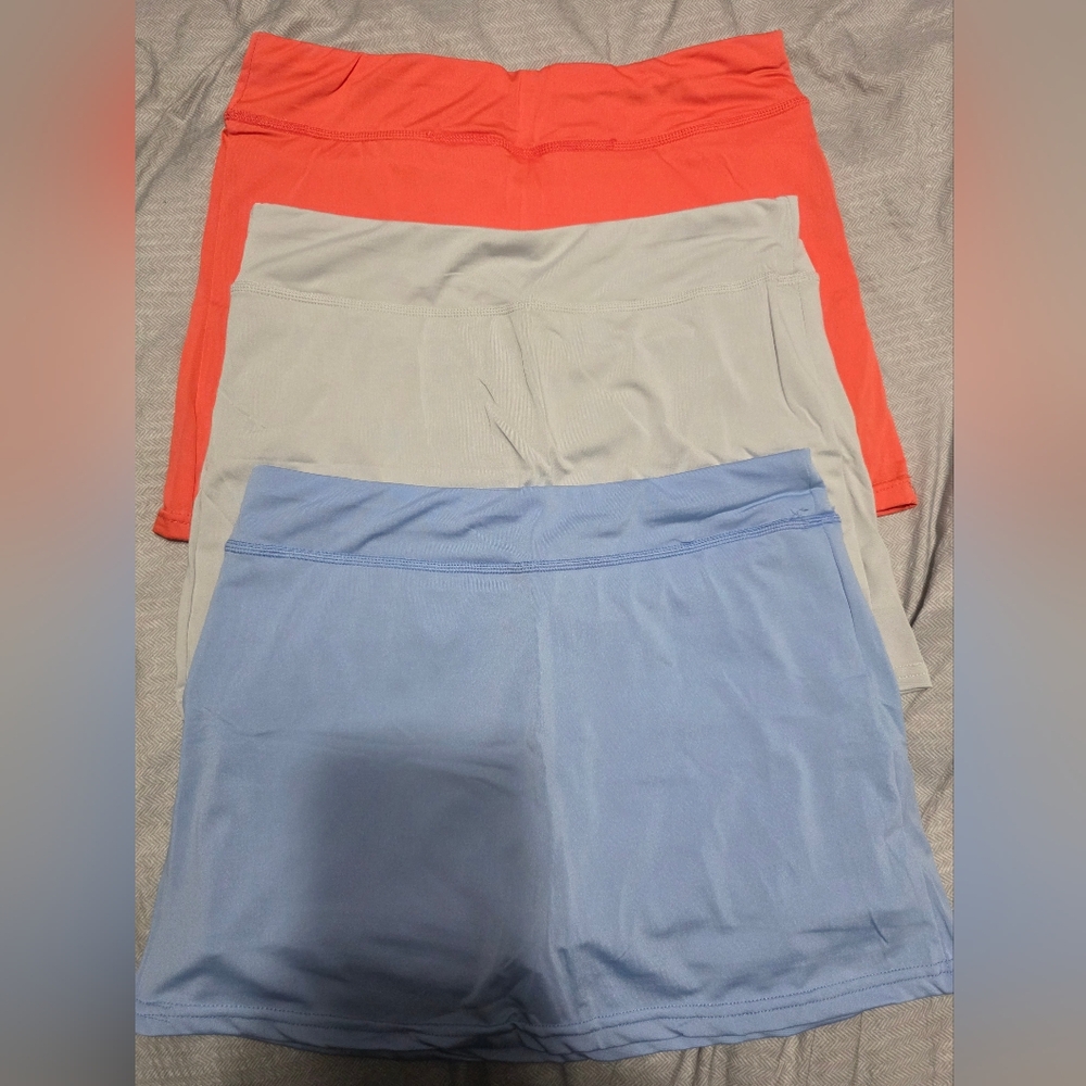 Set of Three Athletic Skorts - Coral, Light Gray, and Light Blue